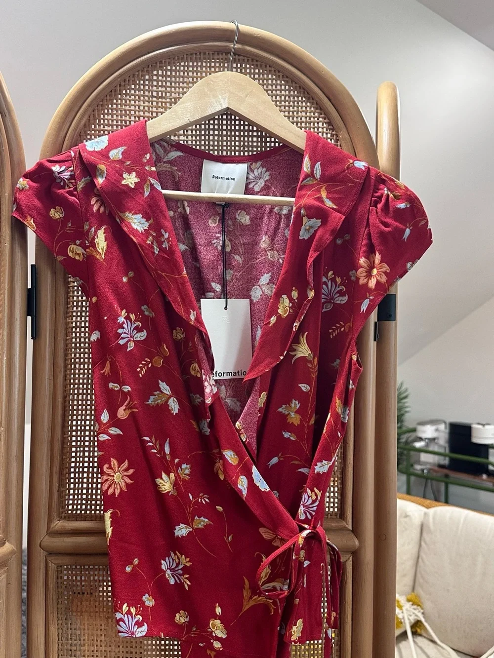 Reformation Red Floral Tie-Waist Wrap Top